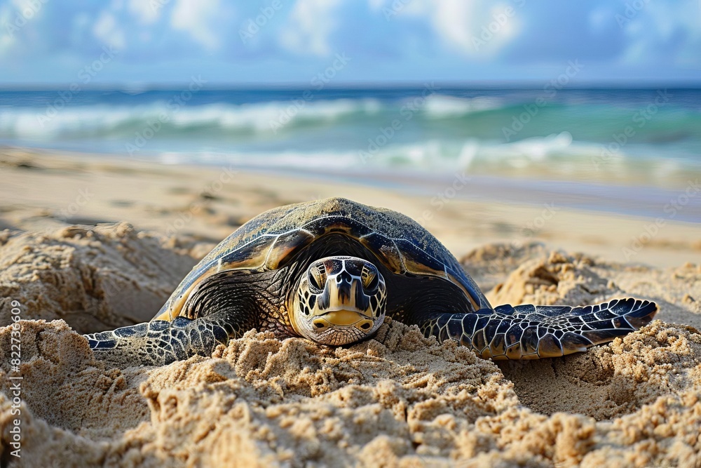 A sea turtle emerging from a nest on a sandy beach, with the ocean in the background