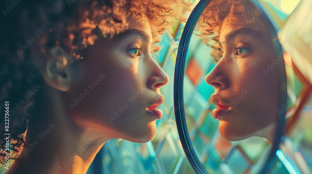A woman with attitude looking at herself in a mirror reflecting gender identity, beauty of self discovery LGBTQ