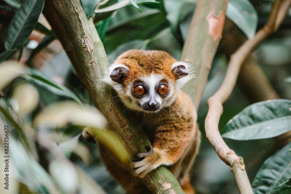 Fototapeta premium A slow loris sitting in a tree, with its large, round eyes and gentle expression