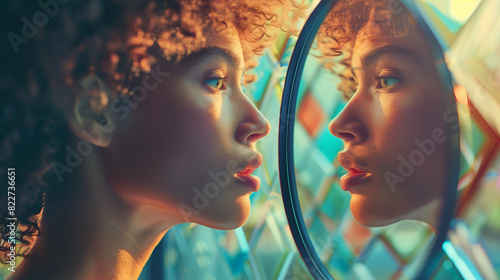 Obraz na płótnie A woman with attitude looking at herself in a mirror reflecting gender identity, beauty of self discovery LGBTQ w salonie