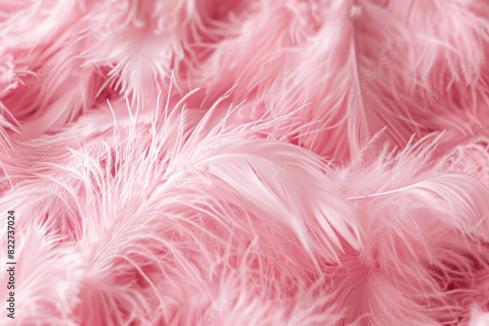 Pink fur background, fluffy texture, pink feather pattern, fluffy pink fabric, pink color, soft and delicate. Soft pastel tones with a light pink tone, fluffy plush surface