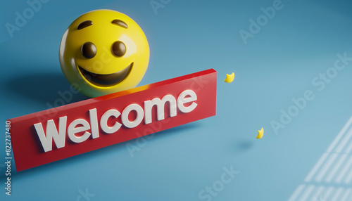 Yellow, inviting 3D emoji, centrally placed over a red "Welcome" banner in white text, against a blue setting.