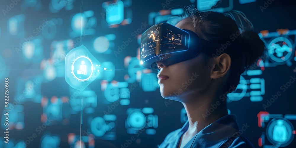 A woman wearing a VR headset in a futuristic digital environment, surrounded by holographic icons and data, fully immersed in a virtual interface experience A woman wearing a VR headset in a futuristic digital environment, surrounded by holographic icons and data, fully immersed in a virtual interface experience