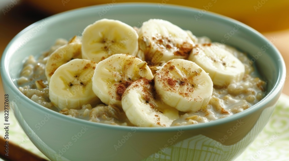 A bowl of oatmeal topped with sliced bananas and cinnamon ready to provide sustained energy for the day ahead.