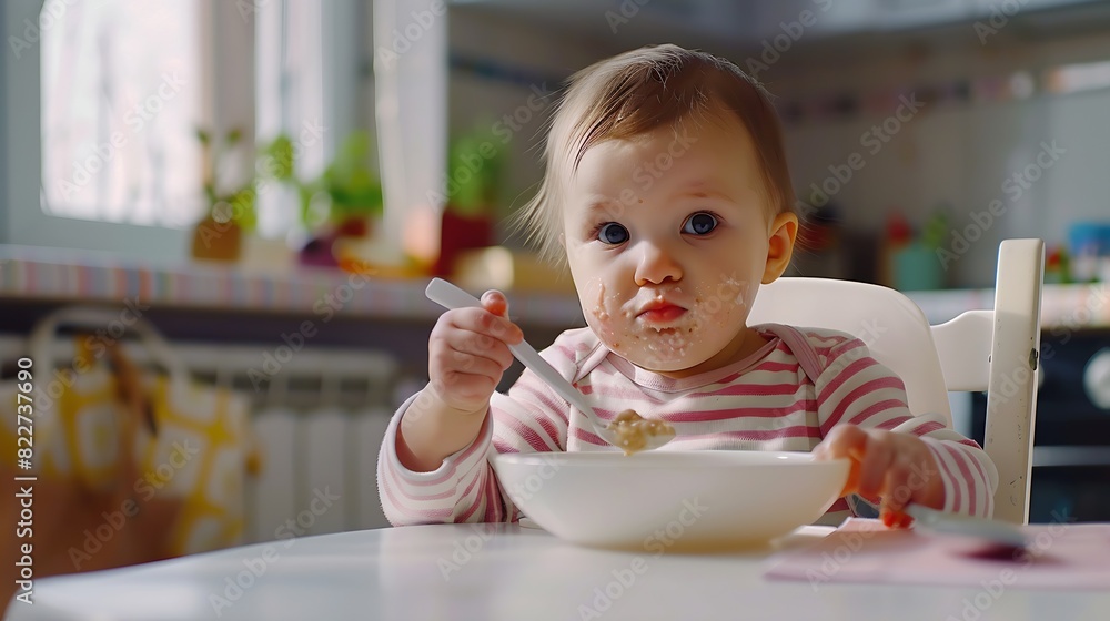 One year old hungry baby girl in striped casual clothes sits at white table in highchair and eats porridge herself with spoon Blurred dining room background Healthy eating for kids Chi : Generative AI
