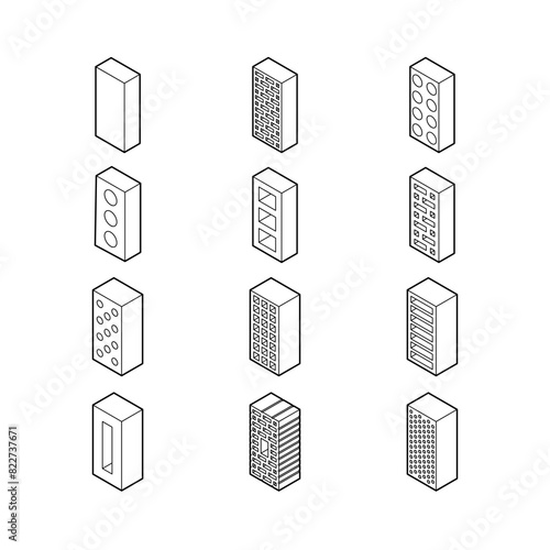 Brick isometric icons in outline style, vector