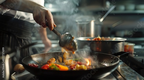 Close up of a chefs hand cooking and preparing fine dining meals Food prepping in the kitchen   Generative AI
