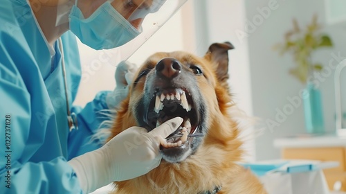 Veterinarian doctor in blue uniform conduct a routine examination of a dog checking teeth on a table in a modern office of a veterinary clinic Treatment and vaccination of pets : Generative AI