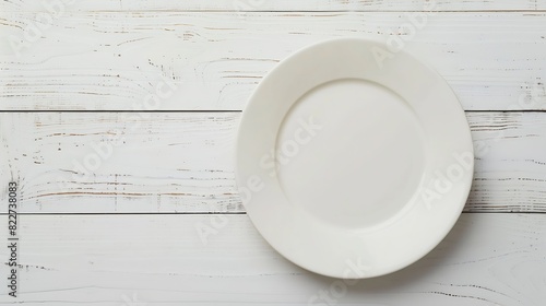 An empty plate on a white wooden table Top view : Generative AI