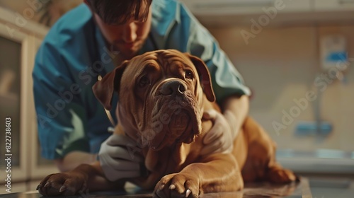 Young man veterinarian checking up the dog on table in veterinary clinic Healthcare medicine treatment of pets Dogue de bordeaux : Generative AI photo