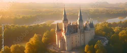 A majestic castle with tall, towering spires photo