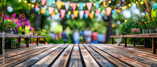 Rustic Wooden Table with Festive Bokeh Lights, Celebration Background for Events or Party Display