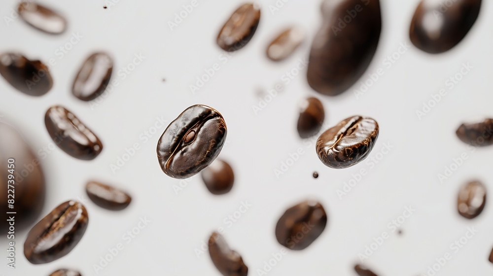 Coffee beans in flight on white background : Generative AI Coffee beans in flight on white background : Generative AI