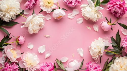 Frame made of beautiful peony flowers on pink background. Flat lay  copy space  summer flowers