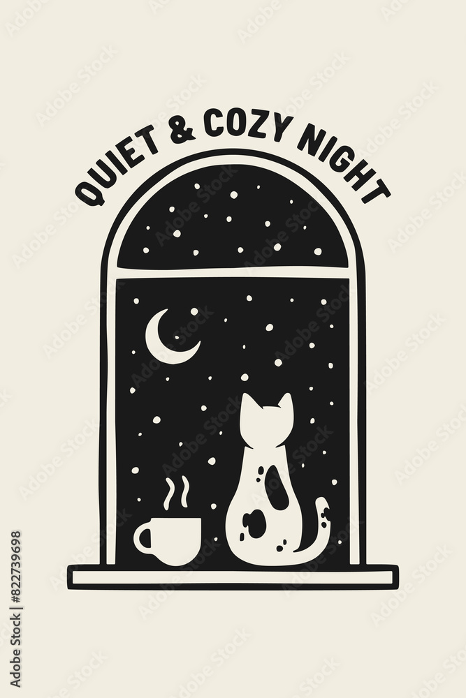 Quiet and cozy night text. Illustration of a starry night view from the window with a cat and coffee. Quiet and cozy night text. Illustration of a starry night view from the window with a cat and coffee.