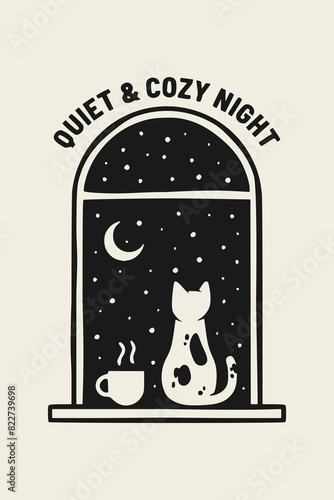 Quiet and cozy night text. Illustration of a starry night view from the window with a cat and coffee.