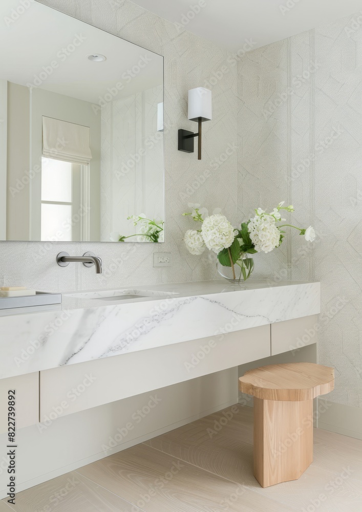Fototapeta premium A simple modern bathroom with an oversized white marble vanity and wall mirrors featuring natural stone floors,