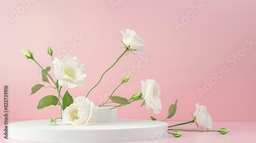 Composition with plaster podium and beautiful eustoma flowers on pink background : Generative AI