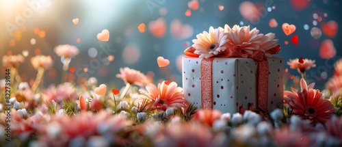 A beautifully wrapped gift box surrounded by vibrant flowers, creating a festive and joyful atmosphere.