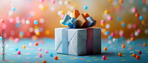 A beautifully wrapped gift box with a colorful bow, surrounded by festive confetti, perfect for celebrations and special occasions.