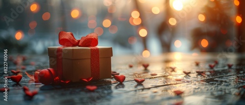 A beautifully wrapped gift box with a red ribbon, surrounded by petals, on a wooden surface with a blurred sunset background. Romantic atmosphere.