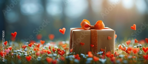 A beautifully wrapped gift box with a ribbon surrounded by heart-shaped decorations on a grassy field in a dreamy, romantic atmosphere.