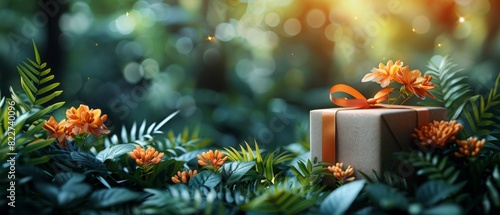 A beautifully wrapped gift box with orange flowers in a lush, green forest setting, bathed in warm, natural sunlight.