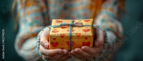 A person holding a gift wrapped in heart-patterned paper with a ribbon, representing a thoughtful gesture and celebration.