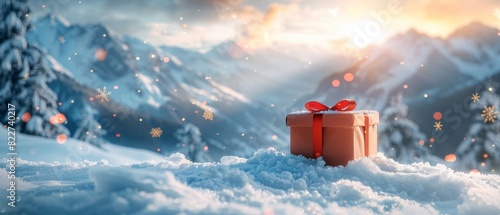 A festive holiday gift box with a red ribbon sits on freshly fallen snow in a beautiful winter mountain landscape at sunrise.
