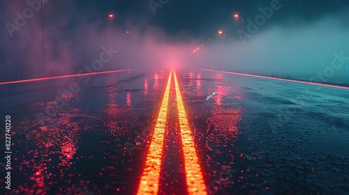 dark asphalt road with neon glowing fog and wet reflections moody atmosphere