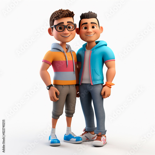 Couple 3D cartoon men, hugging side by side, happy, handsome boy diversity parade, LGBT parade,
