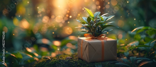 A small plant in a pot sits atop a gift box in a forest, bathed in warm sunlight, symbolizing nature's gift and harmonious beauty.