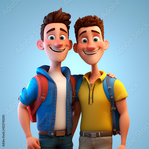 Couple 3D cartoon men, hugging side by side, happy, handsome boy diversity parade, LGBT parade,