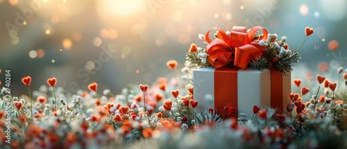 Beautiful boxed gift with red ribbon surrounded by tiny flowers in a dreamy, bokeh effect garden setting under soft lighting.