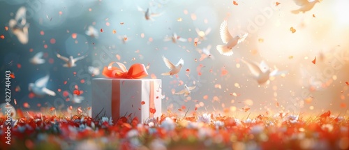 Beautiful gift box with red ribbon surrounded by flying birds and petals, creating a magical and dreamy atmosphere.