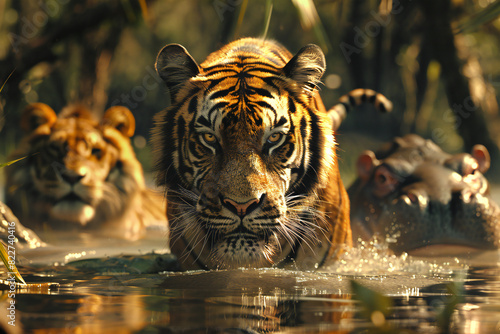 A tiger wading through water with other animals in the background. This image symbolizes the strength and beauty of the wild. Ideal for wildlife conservation and nature protection campaigns