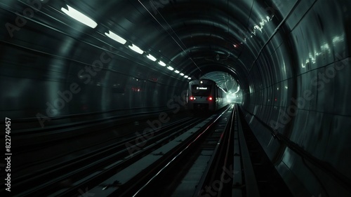 Metro Train Speeding Through Underground Tunnel Towards Light