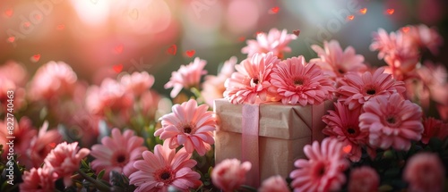 Beautiful pink flowers surrounding a small gift box, creating a romantic and cheerful atmosphere in a sunlit garden.