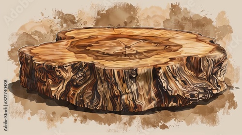detailed crosssection of ancient oak tree stump warm brown texture illustration