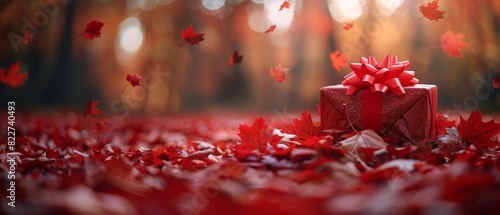 Beautiful red gift box with ribbon amidst falling autumn leaves in a forest background, symbolizing autumnal celebrations and gifts.