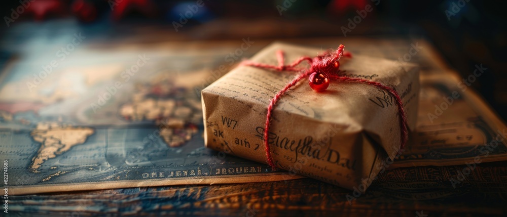 Rustic gift wrapped in brown paper with red string, placed on an antique world map, evoking a sense of travel and thoughtful giving. Rustic gift wrapped in brown paper with red string, placed on an antique world map, evoking a sense of travel and thoughtful giving.