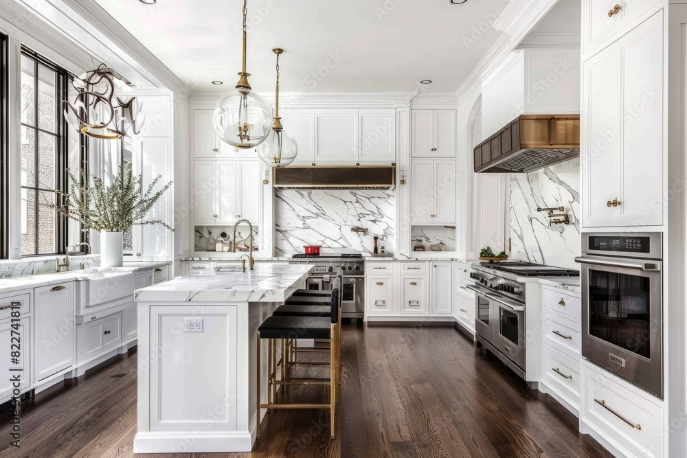 It's a classic kitchen with white cabinets, a marble backsplash and a Jean Stoffer style island. It's a classic kitchen with white cabinets, a marble backsplash and a Jean Stoffer style island.