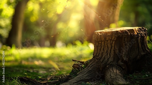 Tree trunk stump as a table in a nature garden park on holiday With a drooping tree branch trunk with a smooth surface to show your products trees and sunlight in background : Generative AI