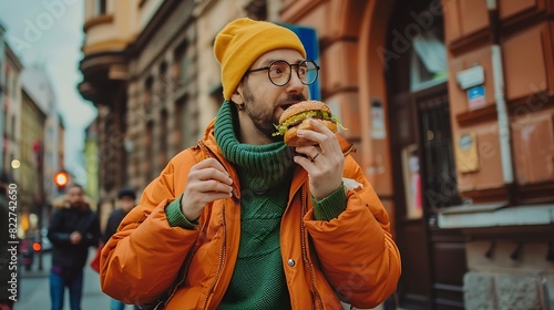 Stylish caucasian man in orange jacket green sweater and yellow hat eats burger on city street of Wroclaw Poland : Generative AI