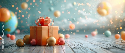 Festive image of a wrapped gift on a wooden floor with colorful balloons and sparkles, creating a cheerful atmosphere perfect for celebrations.