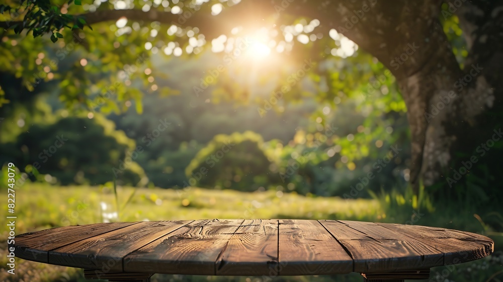 Naklejka premium Tree Table wood Podium in farm display for food perfume and other products on nature background Table in a farm with grass trees and Sunlight in the morning : Generative AI