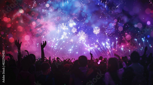 A crowd of people silhouetted against a backdrop of colorful fireworks  capturing the collective wonder and celebration of the moment.