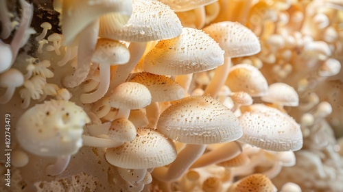 Close up beautiful bunch mushrooms color light in the tree background texture Macro Photography View : Generative AI