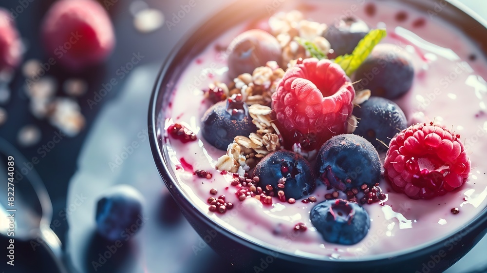 Close up of healthy yogurt and fruit smoothie bowl decorated with raspberry blueberry and puffed quinoa grain : Generative AI Close up of healthy yogurt and fruit smoothie bowl decorated with raspberry blueberry and puffed quinoa grain : Generative AI
