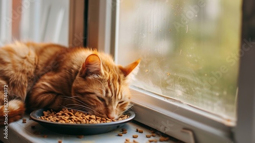 Striped orange cat eats a dry feed lay on windowsill wellfed red cat lies and rests : Generative AI photo